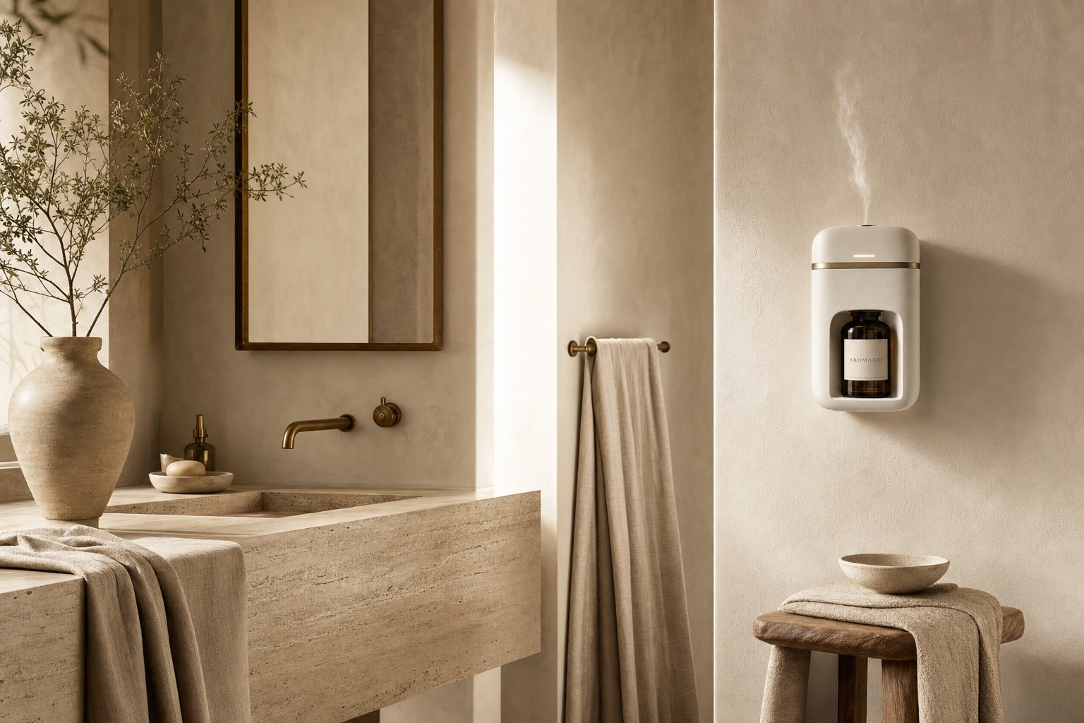 Aromante diffuser in a travertine bathroom